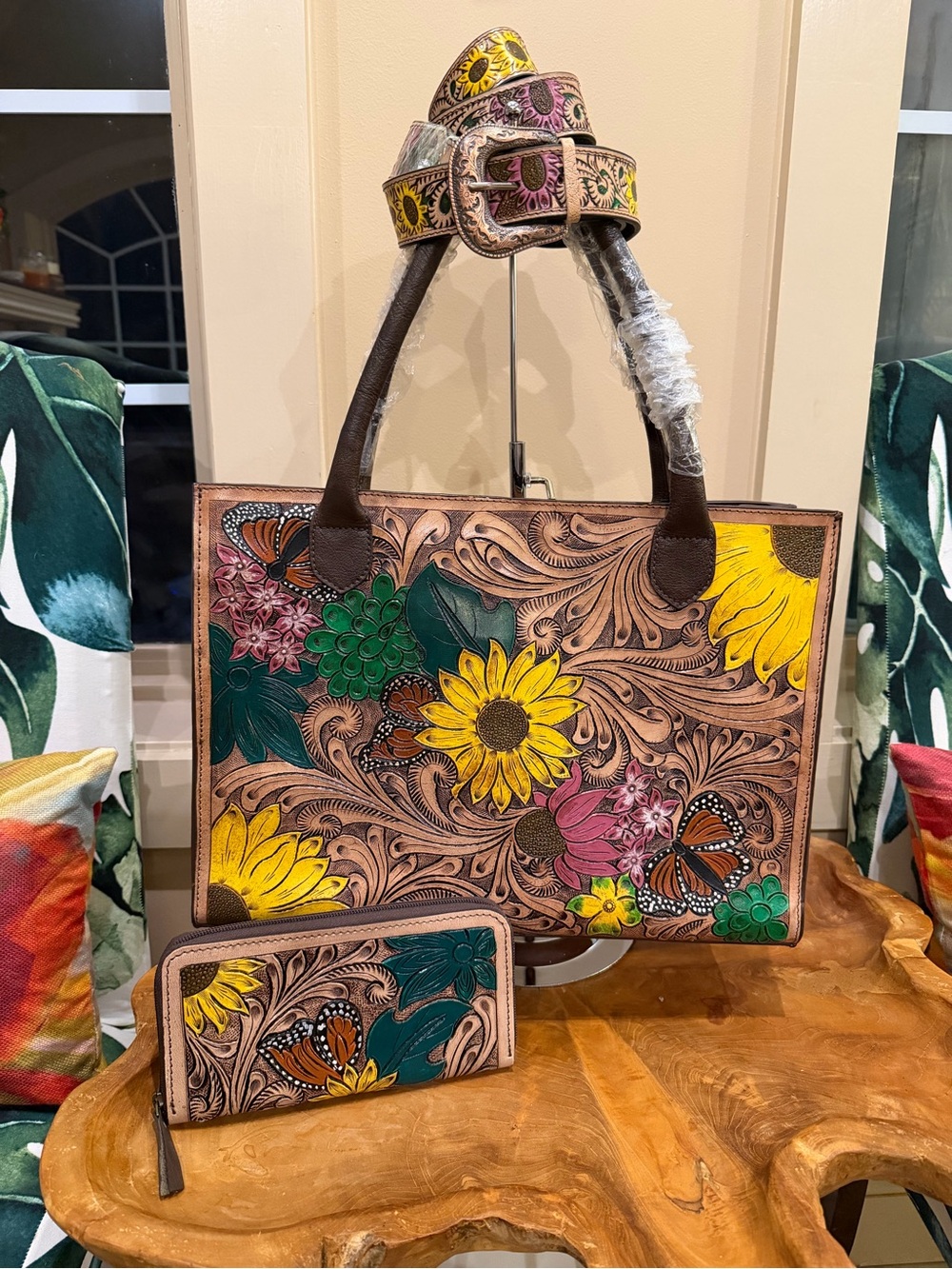 Western Handtooled Genuine Cowhide Leather Sunflower Tote Wallet Handbag Bag Set